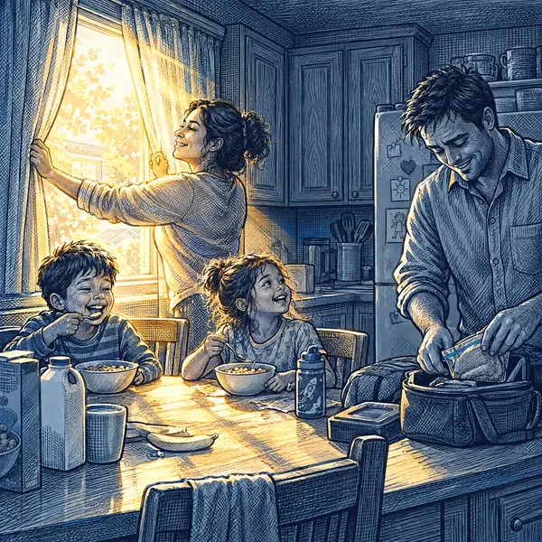 A mother opens the kitchen curtains as her family eats breakfast.